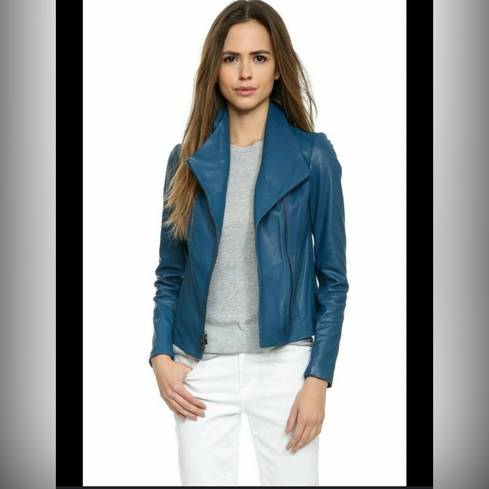 VINCE Scuba Lamb Leather Jacket Fitted Asymmetrical Zip‎ Jacket Teal Blue Size M
